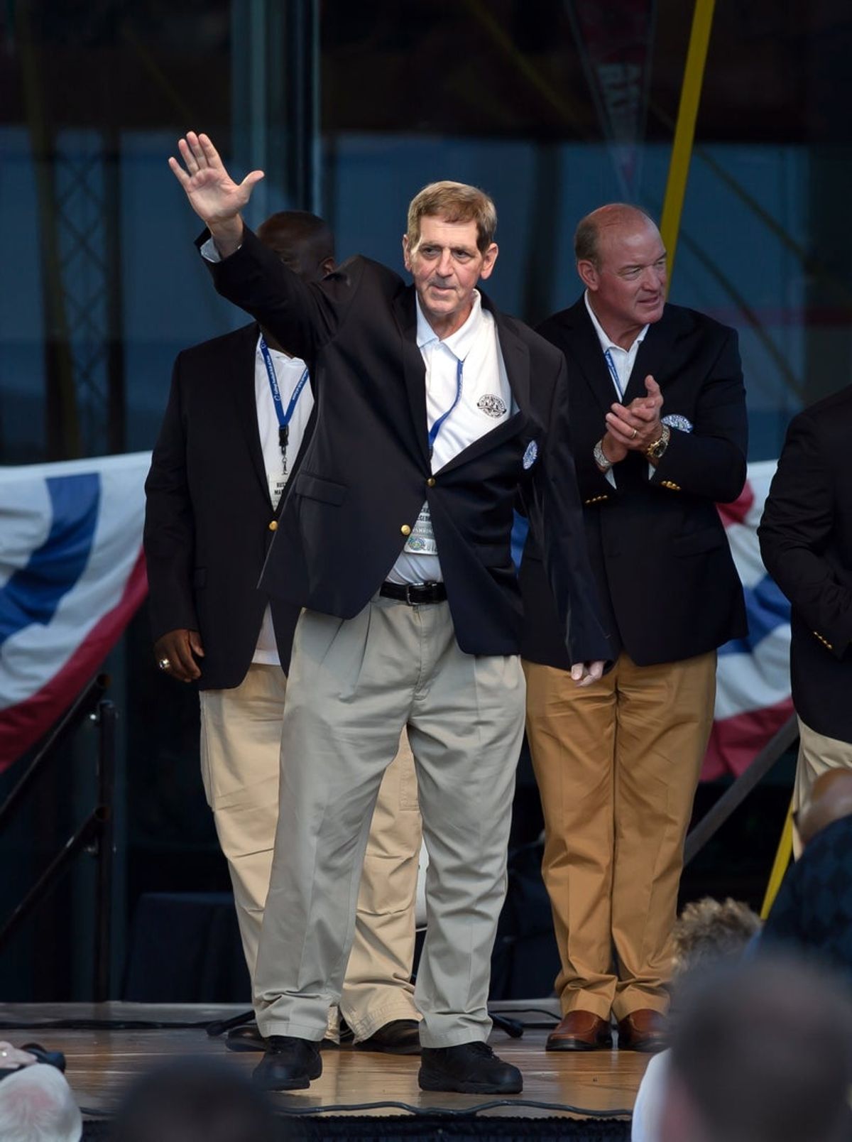 Jul. 20, 2012; South Bend, IN, USA; Richard McGeorge of Elon waves after receiving his blazer at the Hall of fame Blazer Presentation at the College Football Hall of Fame. Mandatory Credit: Matt Cashore-Imagn Images