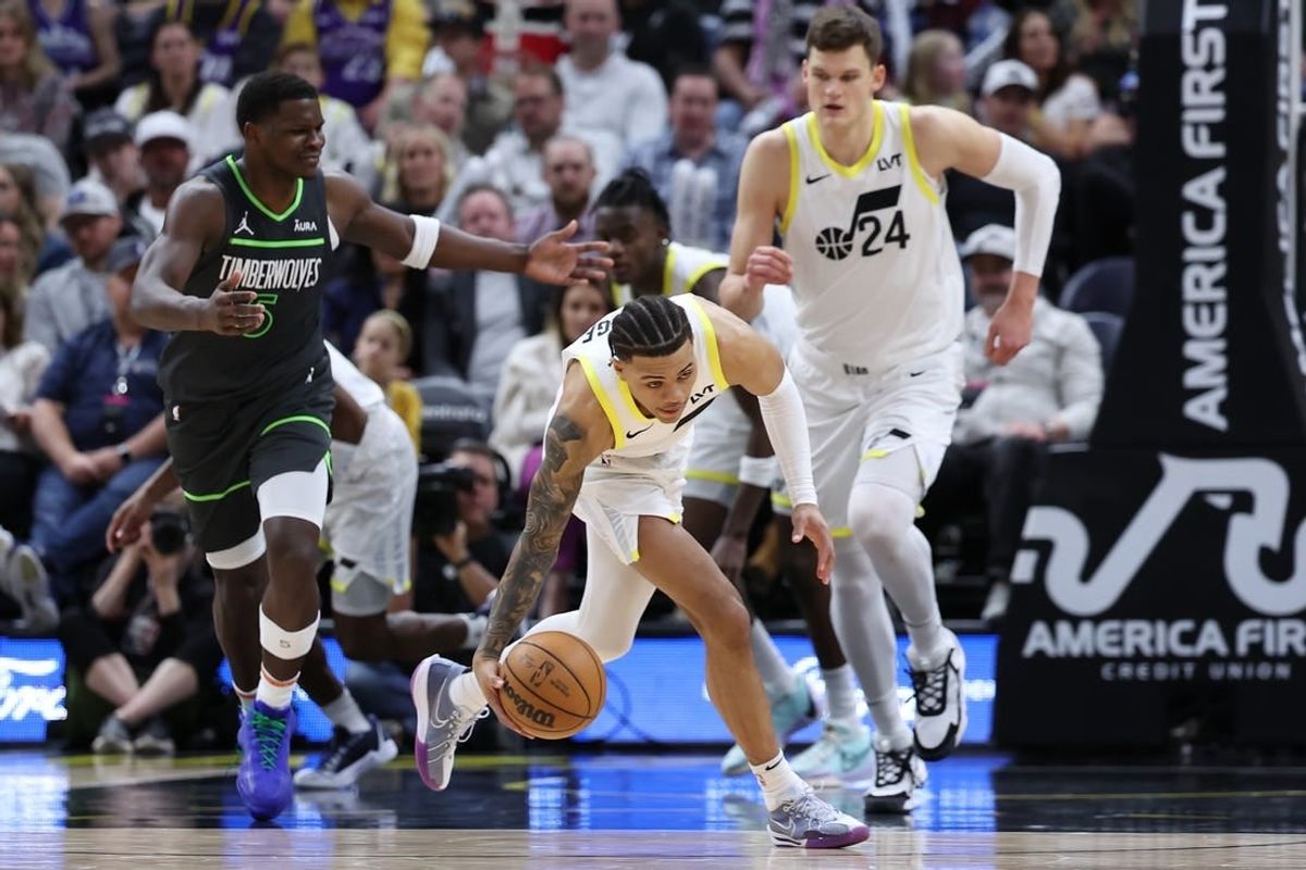 Mar 16, 2024; Salt Lake City, Utah, USA; Utah Jazz guard Keyonte George (3) picks up a loose ball against the Minnesota Timberwolves during the second quarter at Delta Center.
