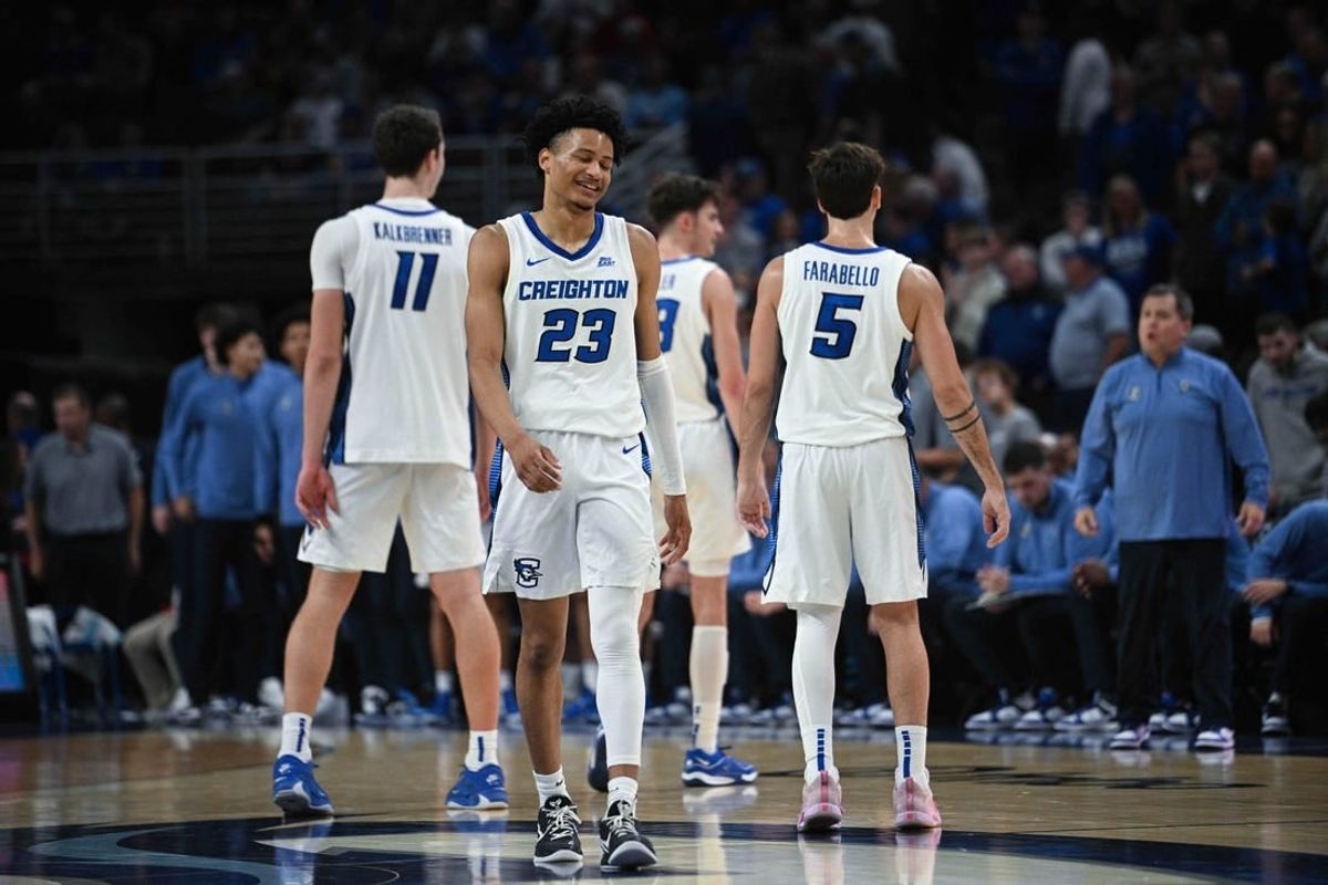 Nov 14, 2023; Omaha, Nebraska, USA; Creighton Bluejays guard Trey Alexander (23) reacts to late game action against the Iowa Hawkeyes in the second half at CHI Health Center Omaha.