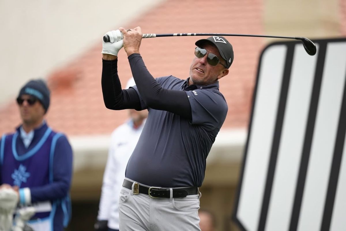 Feb 9, 2024; Las Vegas, Nevada, USA; Phil Mickelson plays his shot from the 11th tee during the second round of the LIV Golf Las Vegas tournament at Las Vegas Country Club.