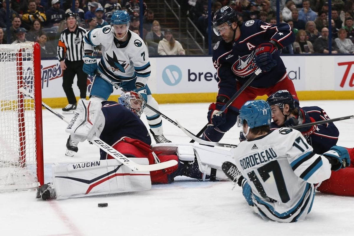Mar 16, 2024; Columbus, Ohio, USA; Columbus Blue Jackets goalie Daniil Tarasov (40) makes a pad save on the shot from San Jose Sharks center Thomas Bordeleau (17) during the first period at Nationwide Arena.