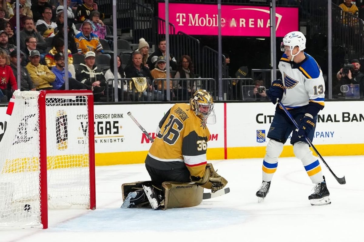 Dec 4, 2023; Las Vegas, Nevada, USA; St. Louis Blues right wing Alexey Toropchenko (13) scores a goal against Vegas Golden Knights goaltender Logan Thompson (36) during the first period at T-Mobile Arena.
