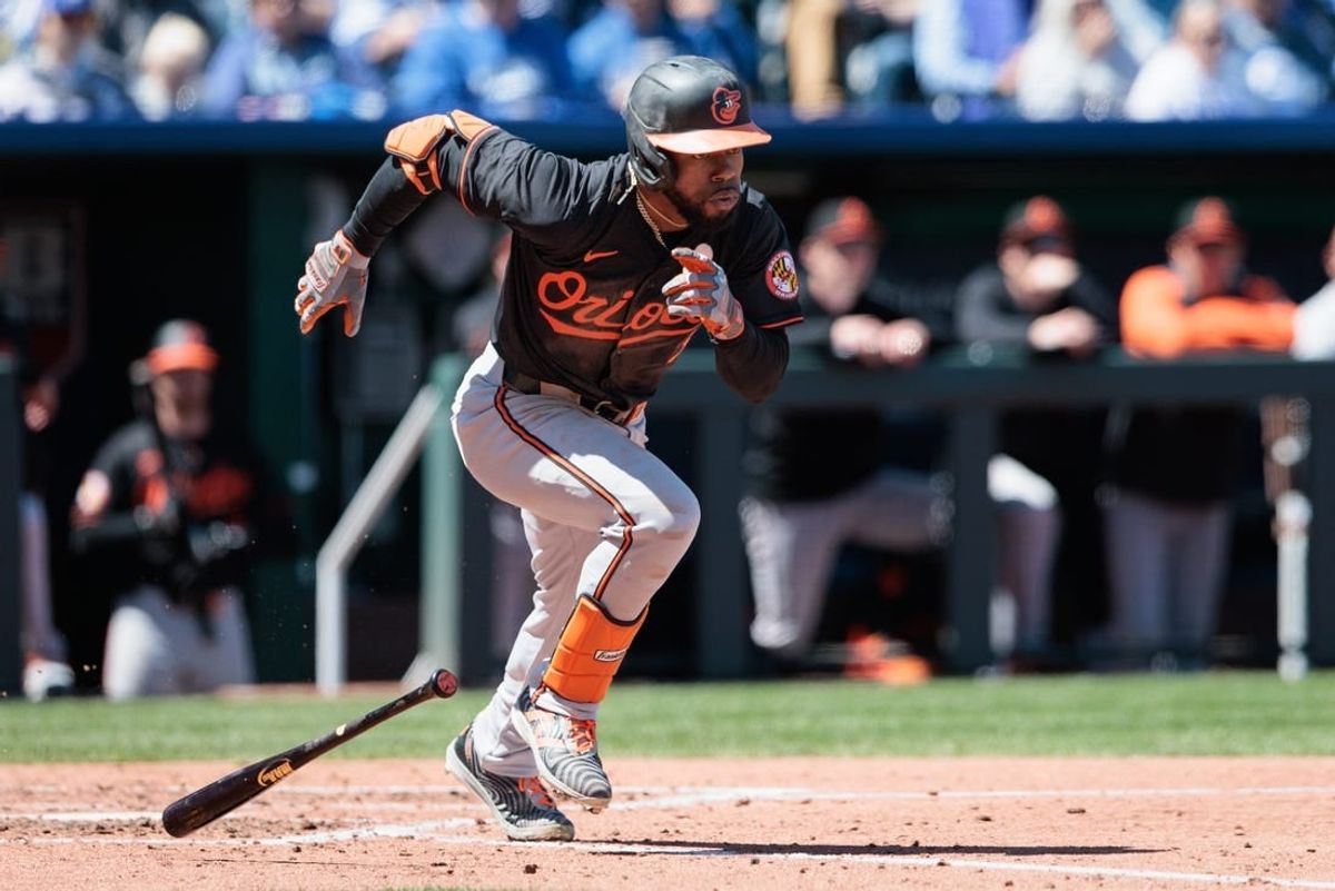 Apr 21, 2024; Kansas City, Missouri, USA; Baltimore Orioles outfielder Cedric Mullins (31) heads to first base after a hit during the fourth inning against the Kansas City Royals at Kauffman Stadium.