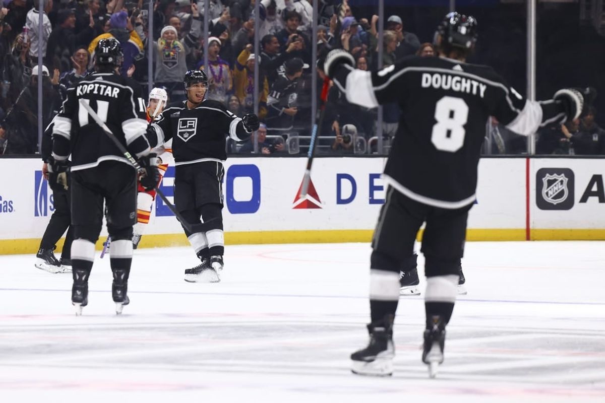 Dec 23, 2023; Los Angeles, California, USA; Los Angeles Kings right wing Quinton Byfield (55) celebrates after scoring a goal against the Calgary Flames during the third period of a game at Crypto.com Arena.