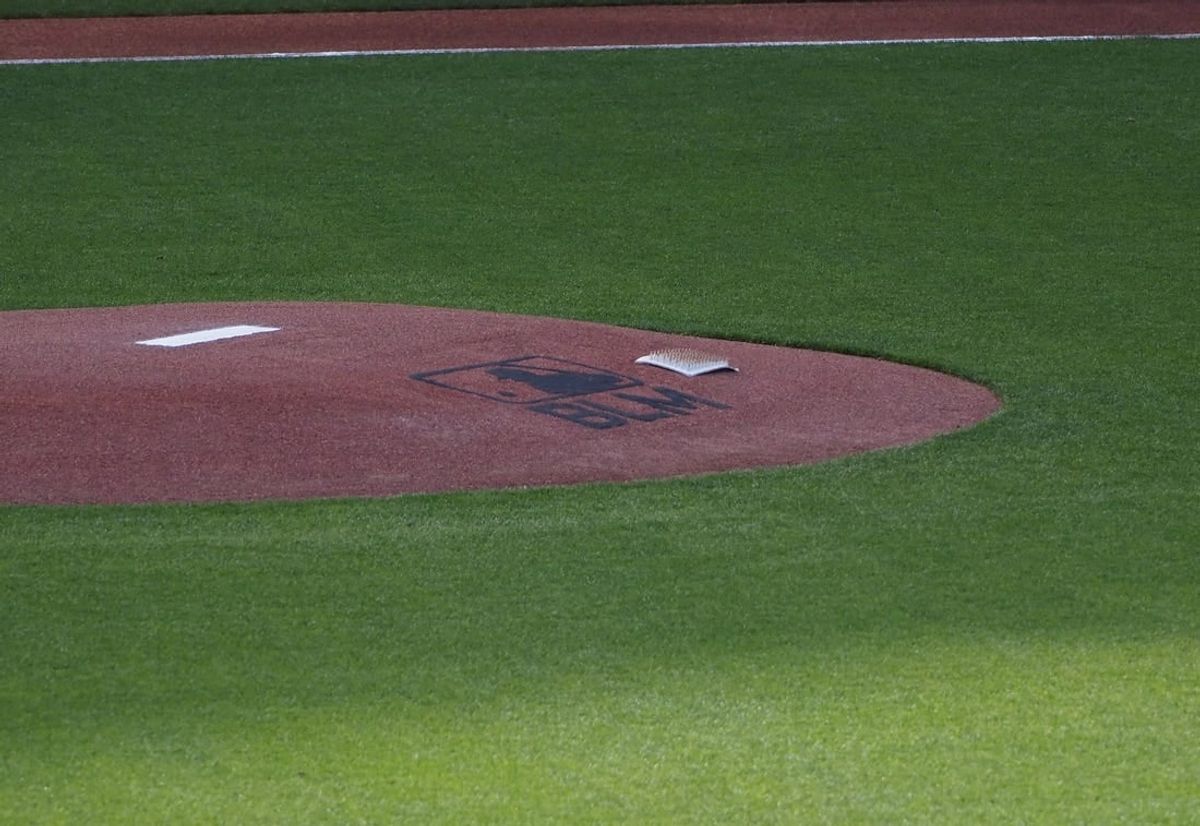 Jul 28, 2020; San Francisco, California, USA; A logo for black lives matter on the pitcher s mound before the game between the San Francisco Giants and San Diego Padres at Oracle Park.