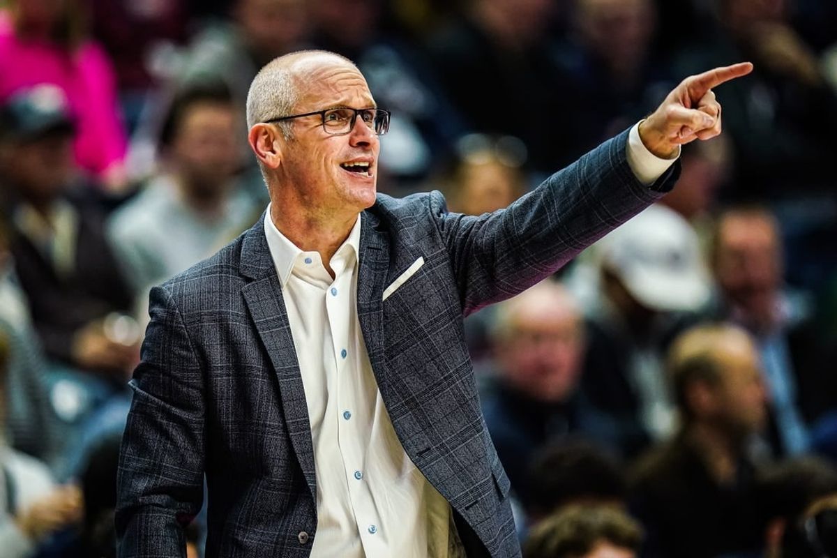 Jan 2, 2024; Storrs, Connecticut, USA; Connecticut Huskies head coach Dan Hurley watches from the sideline as they take on the DePaul Blue Demons at Harry A. Gampel Pavilion.