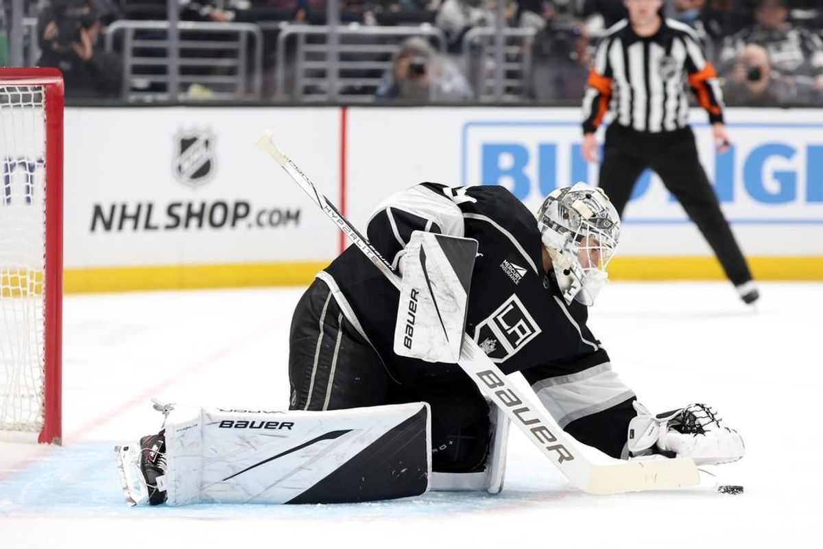 Nov 18, 2023; Los Angeles, California, USA; Los Angeles Kings goaltender Cam Talbot (39) defends the goal during the first period against the St. Louis Blues at Crypto.com Arena.