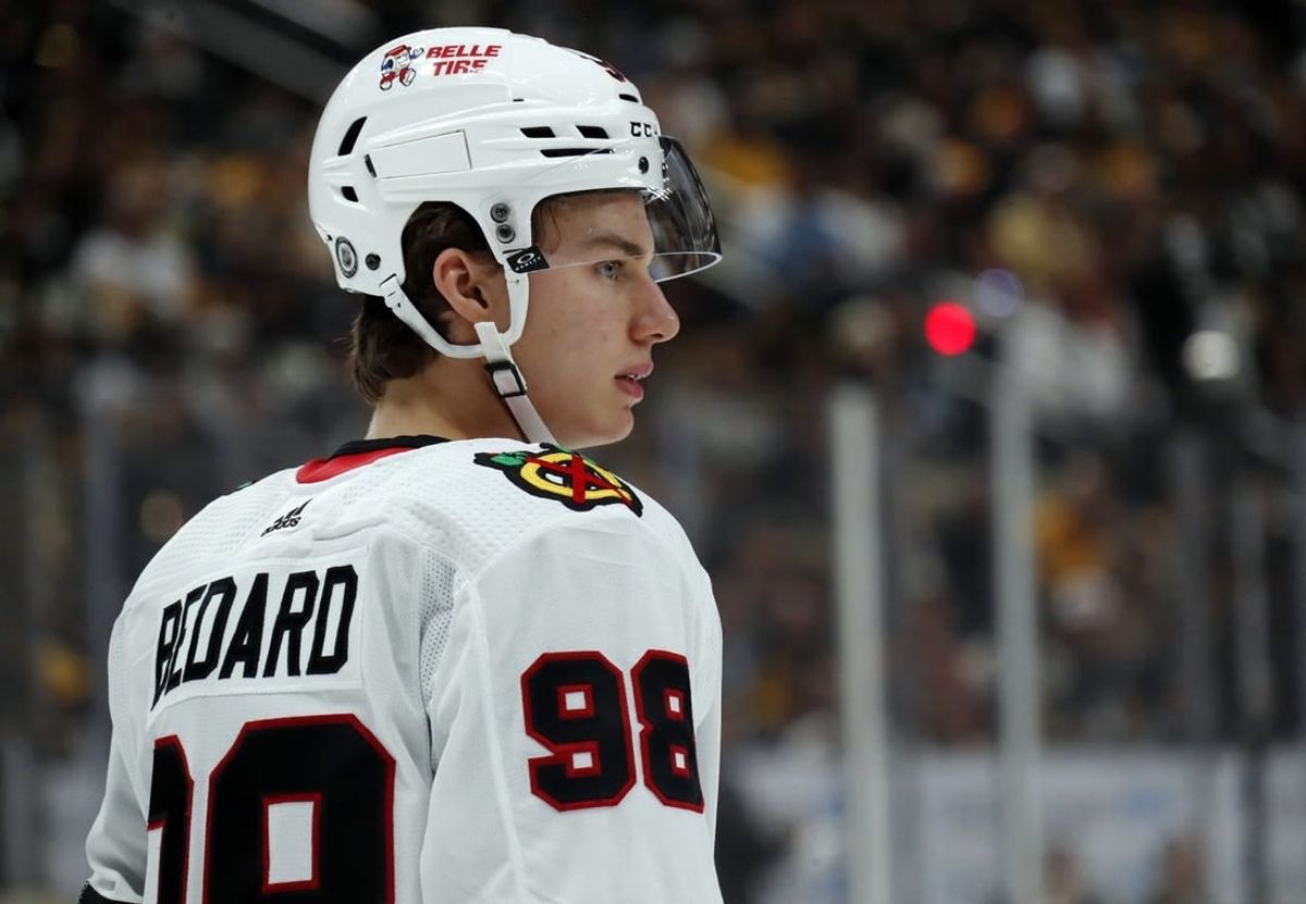 Oct 10, 2023; Pittsburgh, Pennsylvania, USA; Chicago Blackhawks center Connor Bedard (98) looks on before a face-off against the Pittsburgh Penguins during the first period at the PPG Paints Arena. Bedard is making his NHL debut.