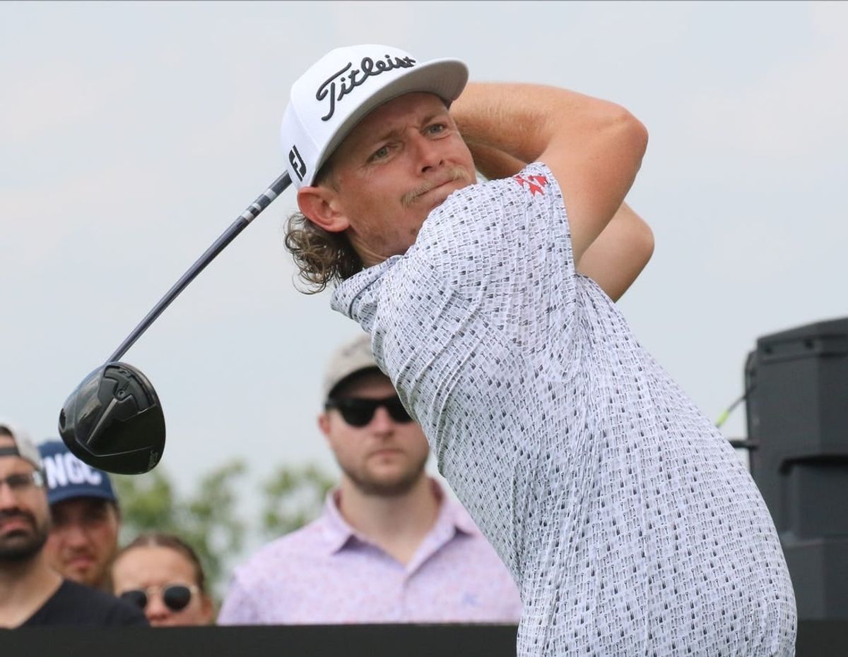 Bedminster, NJ August 12, 2023 -- Cam Smith during the second round of the 2023 LIV Golf Tournament held at Trump National in Bedminster, NJ but Trump impersonator Thomas Mundy came to entertain on August 12, 2023.
