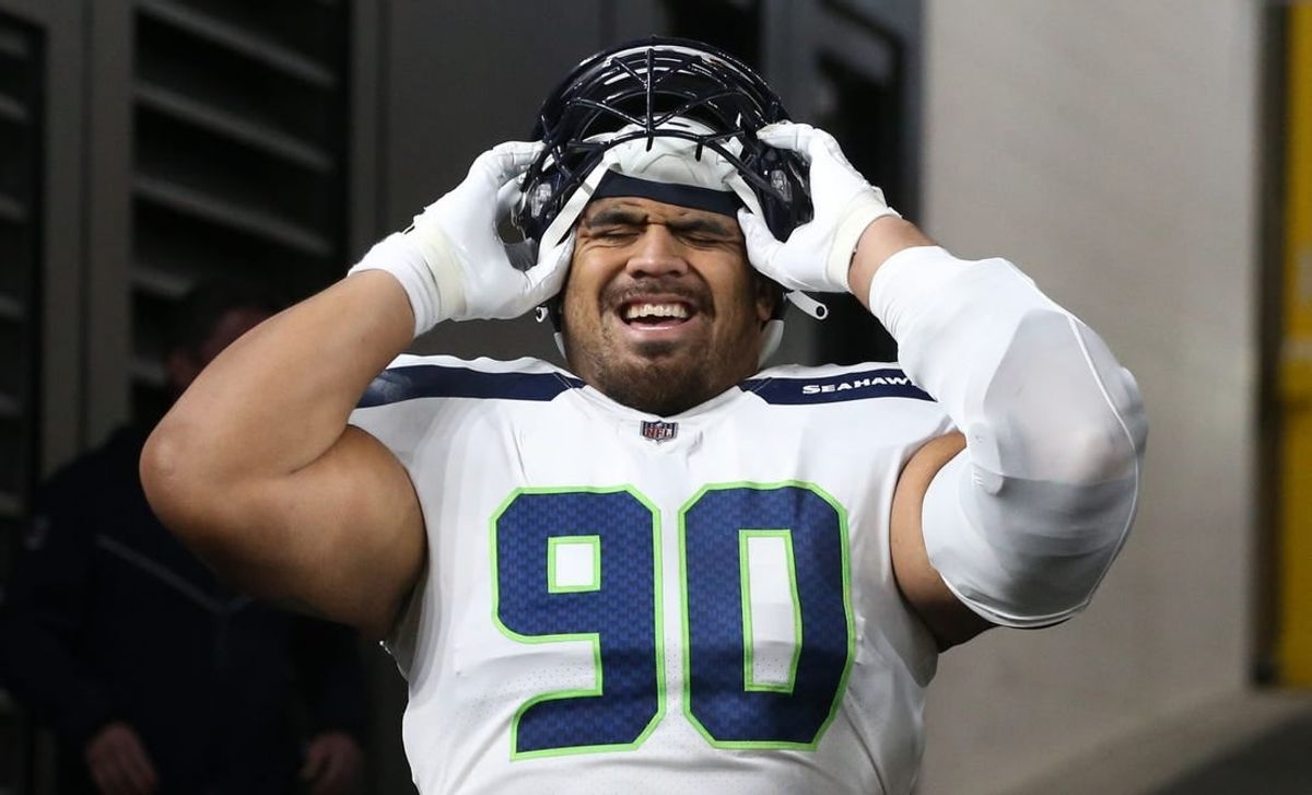 Oct 17, 2021; Pittsburgh, Pennsylvania, USA;  Seattle Seahawks nose tackle Bryan Mone (90) at Heinz Field.
