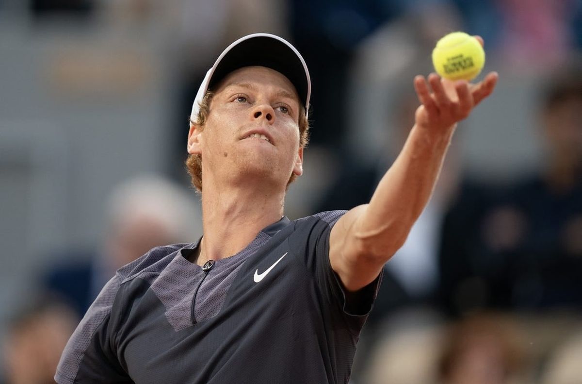 May 29, 2023; Paris,France; Jannik Sinner (ITA) tosses the ball to serve during his match against Alexandre Muller (FRA) on day two at Stade Roland-Garros.