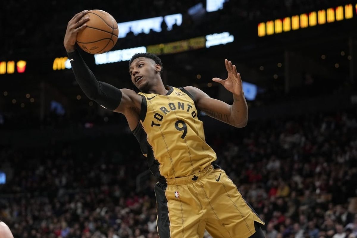 Mar 1, 2024; Toronto, Ontario, CAN; Toronto Raptors guard RJ Barrett (9) comes down with a rebound against Golden State Warriors during the second half at Scotiabank Arena.