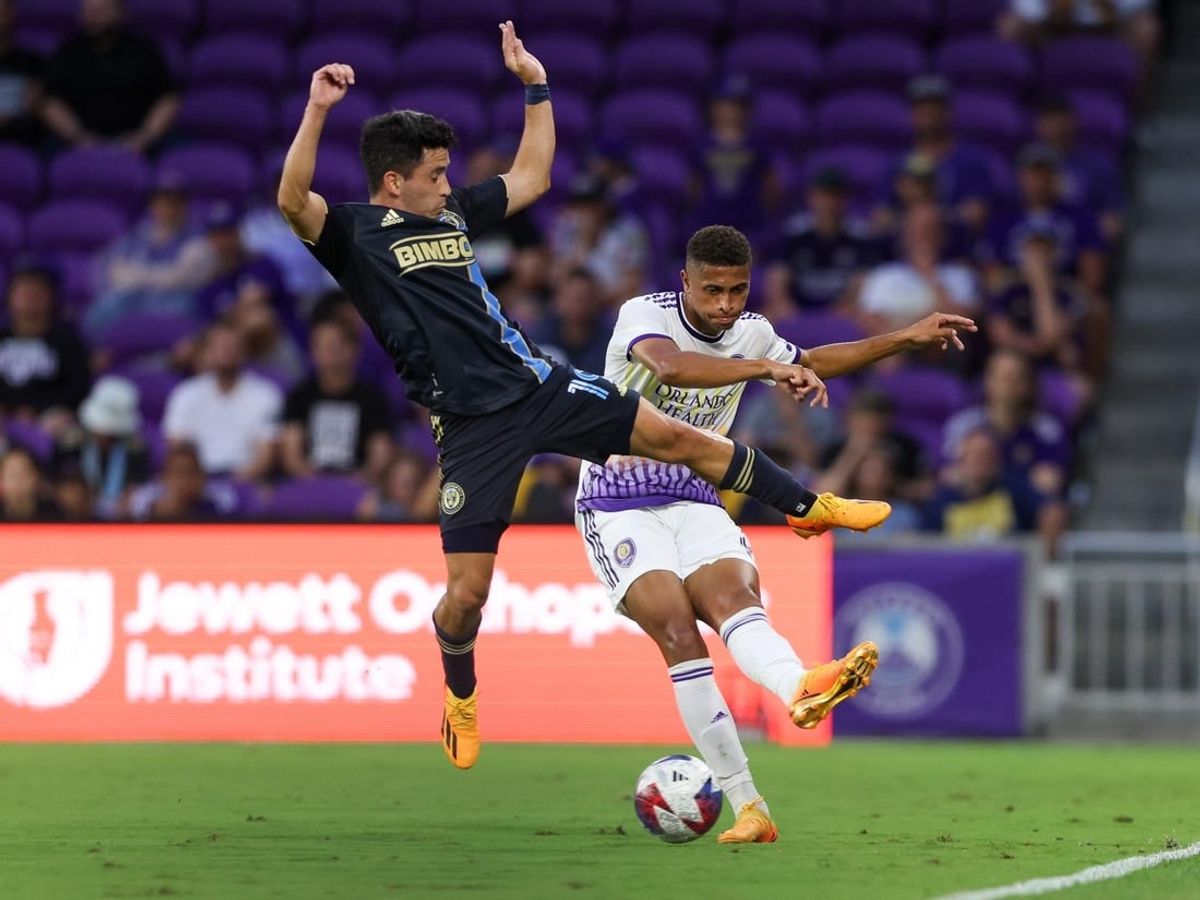Jun 21, 2023; Orlando, Florida, USA;  Orlando City SC defender Rafael Santos (3) passes the ball past Philadelphia Union midfielder Joaquin Torres (19) in the first half at Exploria Stadium.