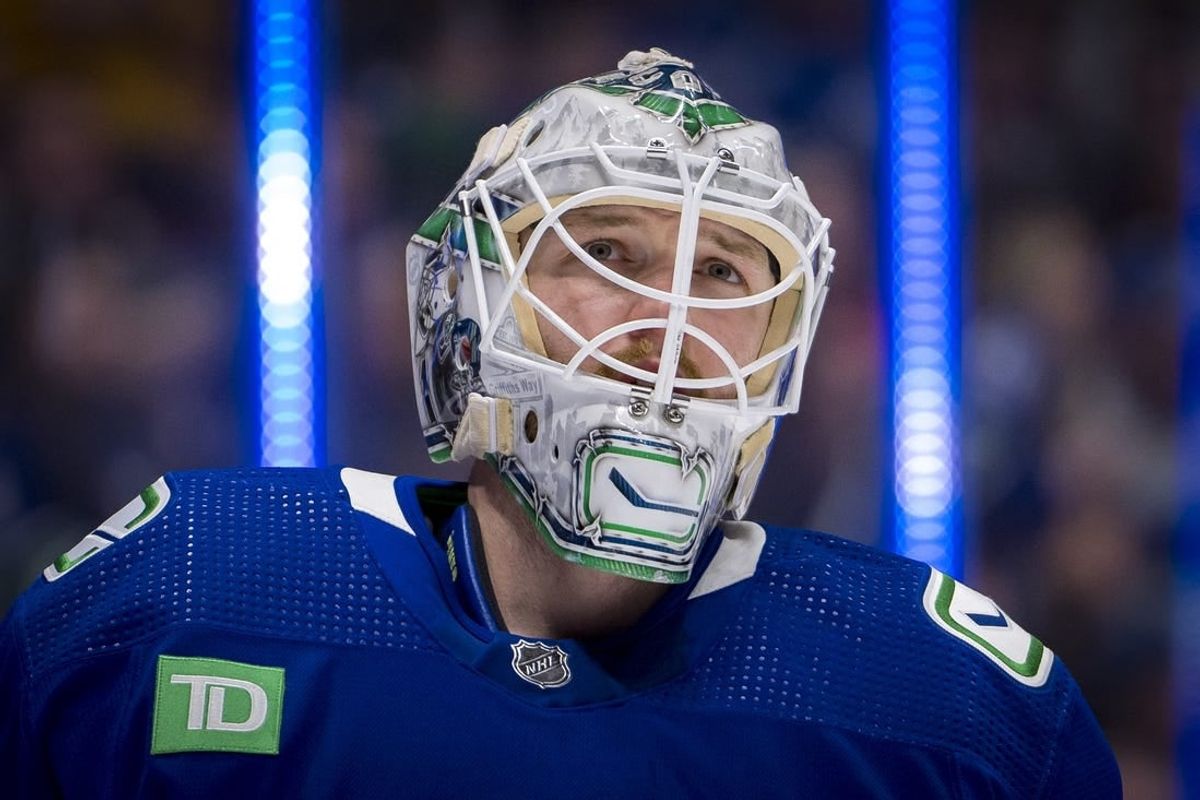 Apr 16, 2024; Vancouver, British Columbia, CAN; Vancouver Canucks goalie Thatcher Demko (35) during a stop in play against the Calgary Flames in the second period at Rogers Arena.