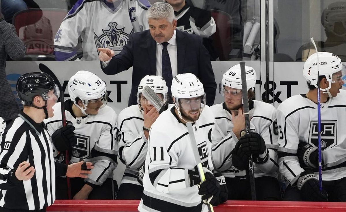 Jan 22, 2023; Chicago, Illinois, USA; Los Angeles Kings head coach Todd McLellan gestures to the referee after a penalty call during the third period at United Center.