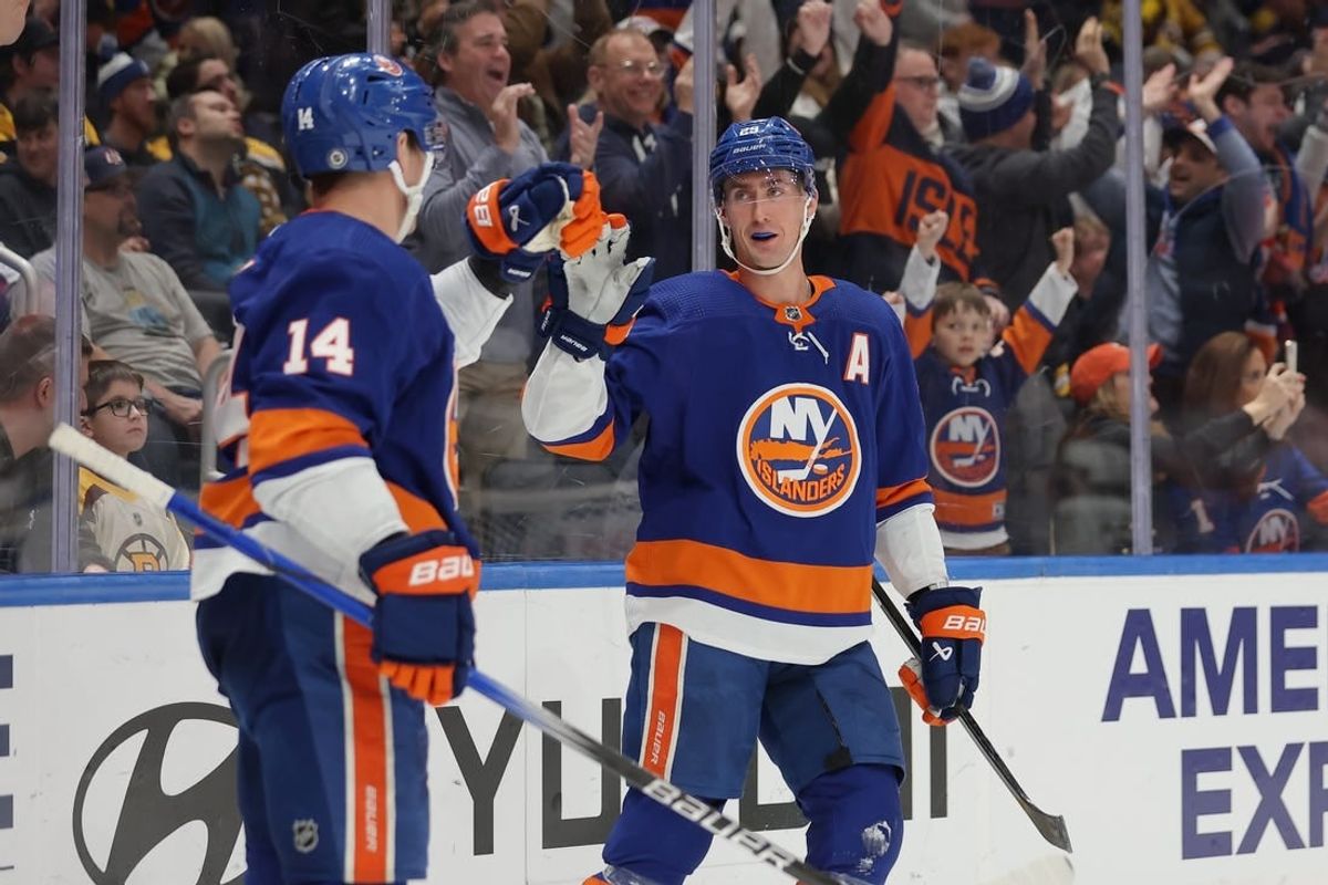 Mar 2, 2024; Elmont, New York, USA; New York Islanders center Brock Nelson (29) celebrates his goal against the Boston Bruins with center Bo Horvat (14) during the second period at UBS Arena.