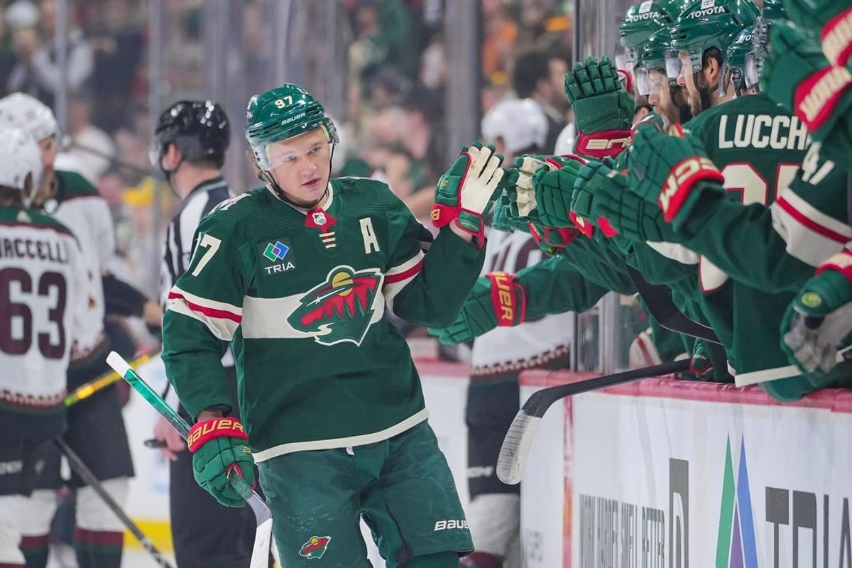 Mar 12, 2024; Saint Paul, Minnesota, USA;  Minnesota Wild left wing Kirill Kaprizov (97) celebrates his goal against the Arizona Coyotes in the first period at Xcel Energy Center.