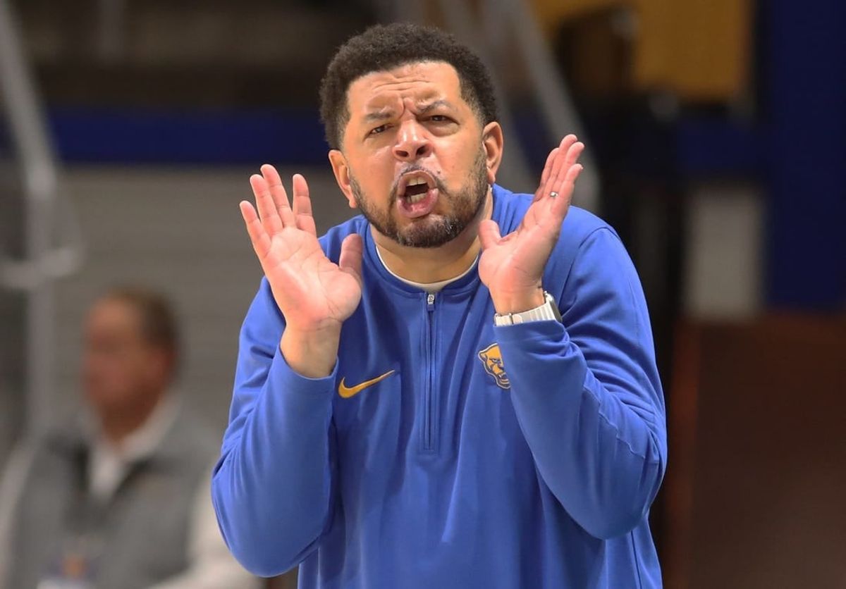 Dec 9, 2023; Pittsburgh, Pennsylvania, USA;  Pittsburgh Panthers head coach Jeff Capel reacts on the sidelines against the Canisius Golden Griffins during the second half at the Petersen Events Center. Pittsburgh won 82-71.