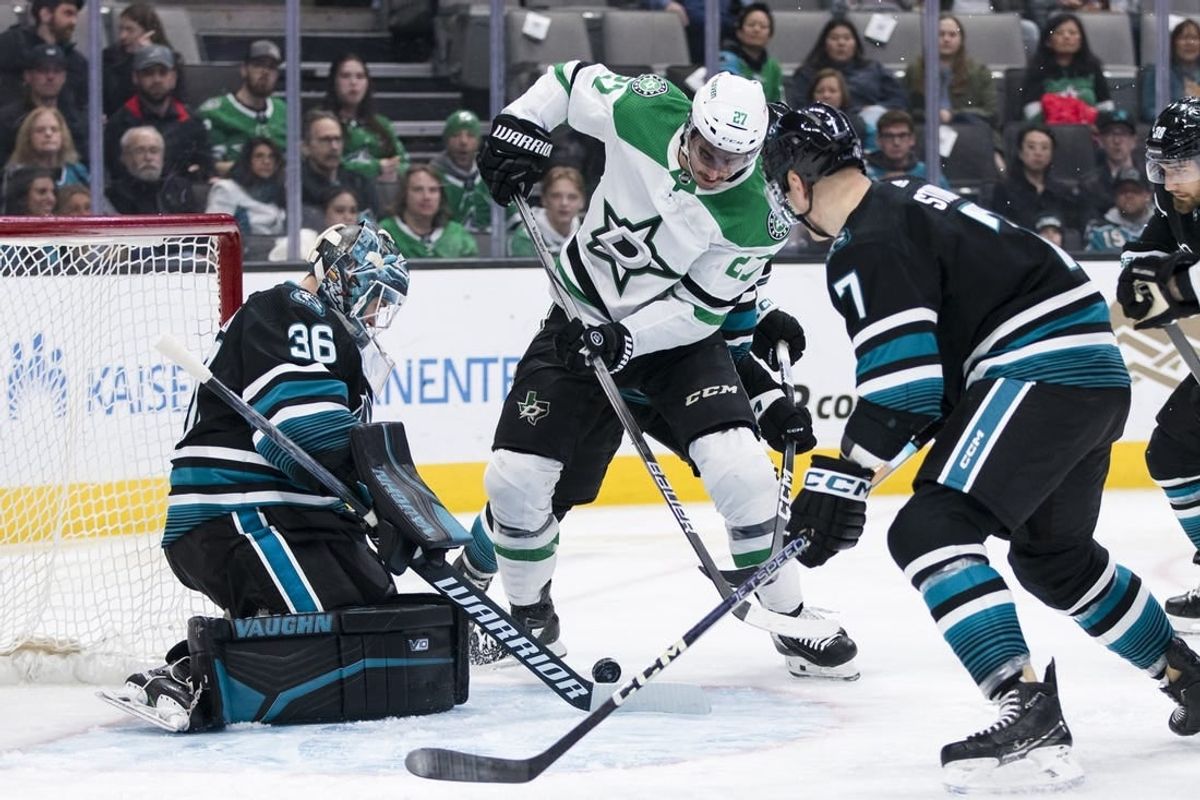 Mar 5, 2024; San Jose, California, USA; San Jose Sharks goaltender Kaapo Kahkonen (36) defends against a shot by Dallas Stars left wing Mason Marchment (27) during the first period at SAP Center at San Jose.