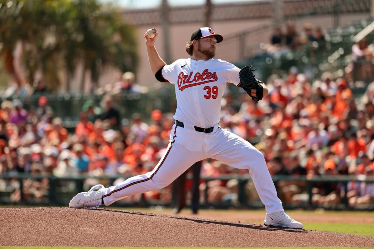 Feb 24, 2024; Sarasota, Florida, USA; Baltimore Orioles starting pitcher Corbin Burnes (39) throws a pitch during the first inning against the Boston Red Sox  at Ed Smith Stadium.