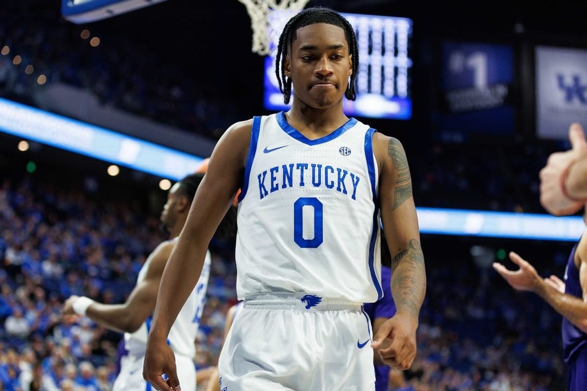 Nov 17, 2023; Lexington, Kentucky, USA; Kentucky Wildcats guard Rob Dillingham (0) reacts after being fouled during the second half against the Stonehill Skyhawks at Rupp Arena at Central Bank Center.