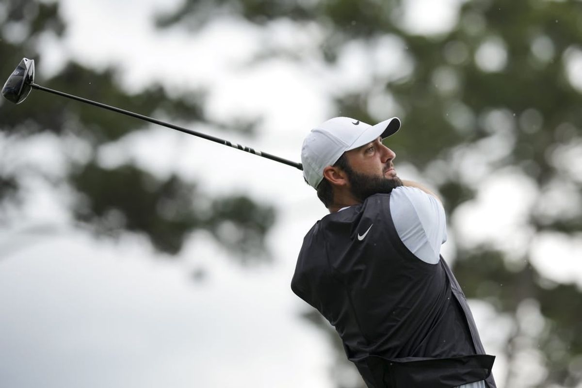 Apr 21, 2024; Hilton Head, South Carolina, USA; Scottie Scheffler plays his shot from the 10th tee during the final round of the RBC Heritage golf tournament.