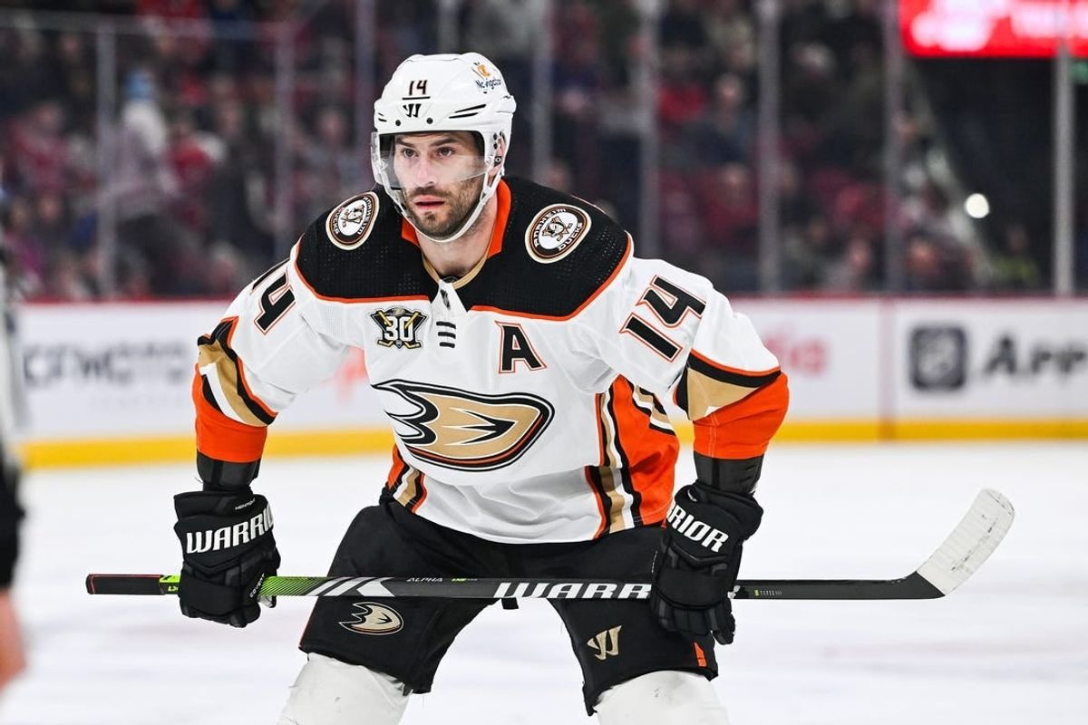 Feb 13, 2024; Montreal, Quebec, CAN; Anaheim Ducks center Adam Henrique (14) waits for a face-off against the Montreal Canadiens during the first period at Bell Centre.