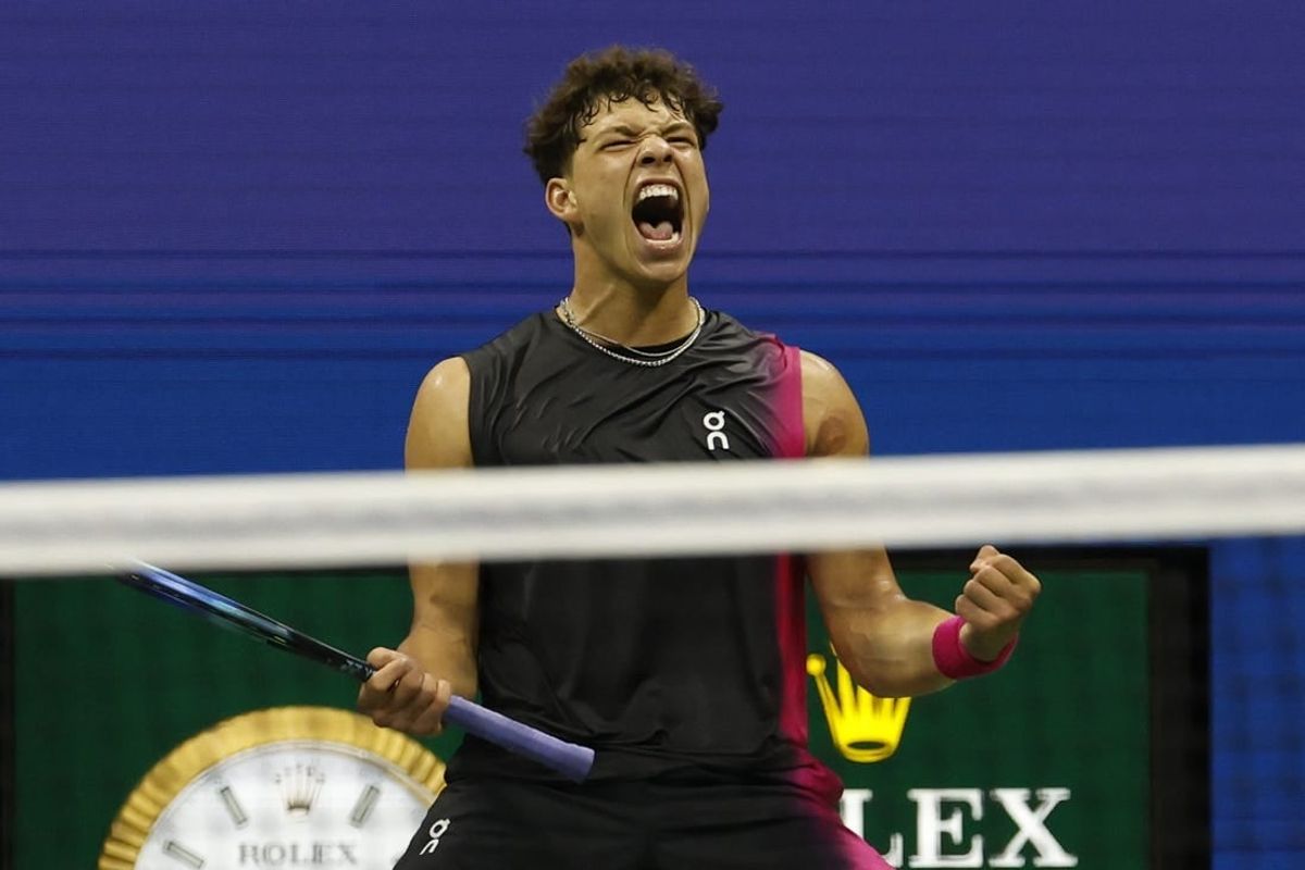 Sep 8, 2023; Flushing, NY, USA; Ben Shelton of the United States reacts after winning a point against Novak Djokovic of Serbia (not pictured) in a men's singles semifinal on day twelve of the 2023 U.S. Open tennis tournament at USTA Billie Jean King Tennis Center.