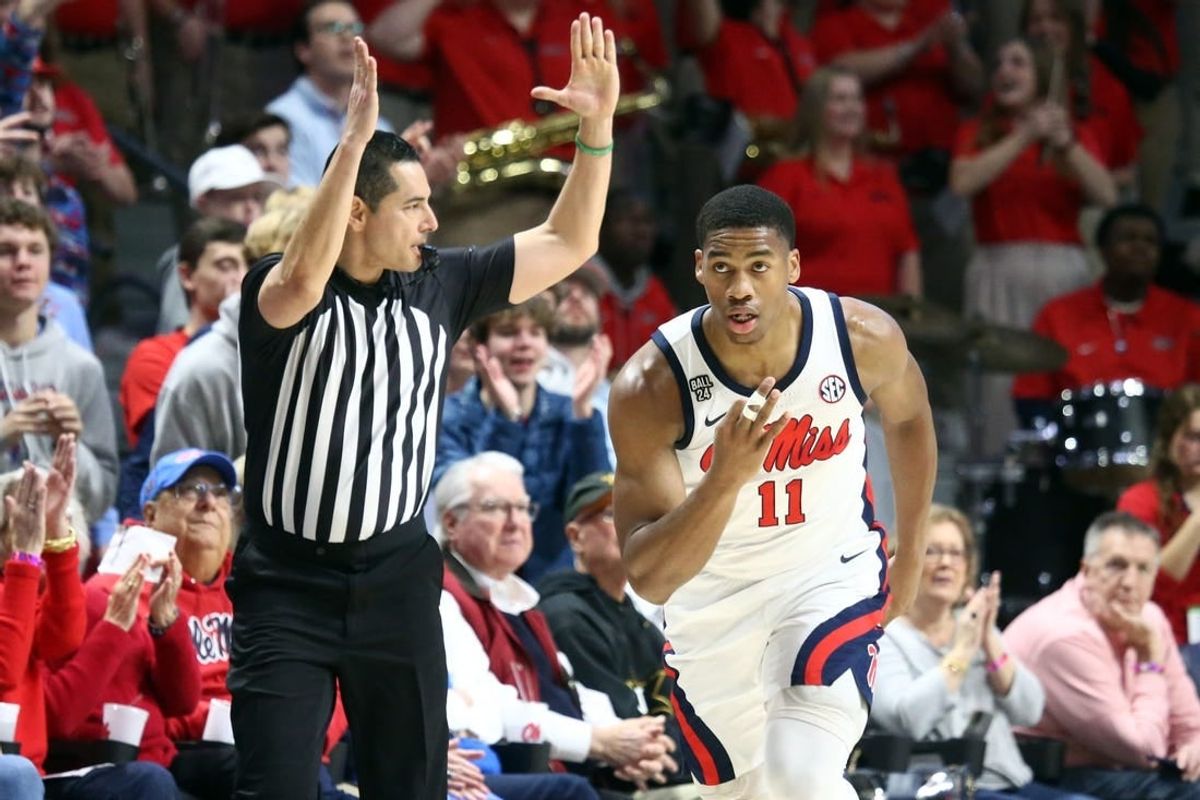 Jan 13, 2024; Oxford, Mississippi, USA; Mississippi Rebels guard Matthew Murrell (11) reacts after a three point basket against the Vanderbilt Commodores during the first half at The Sandy and John Black Pavilion at Ole Miss.