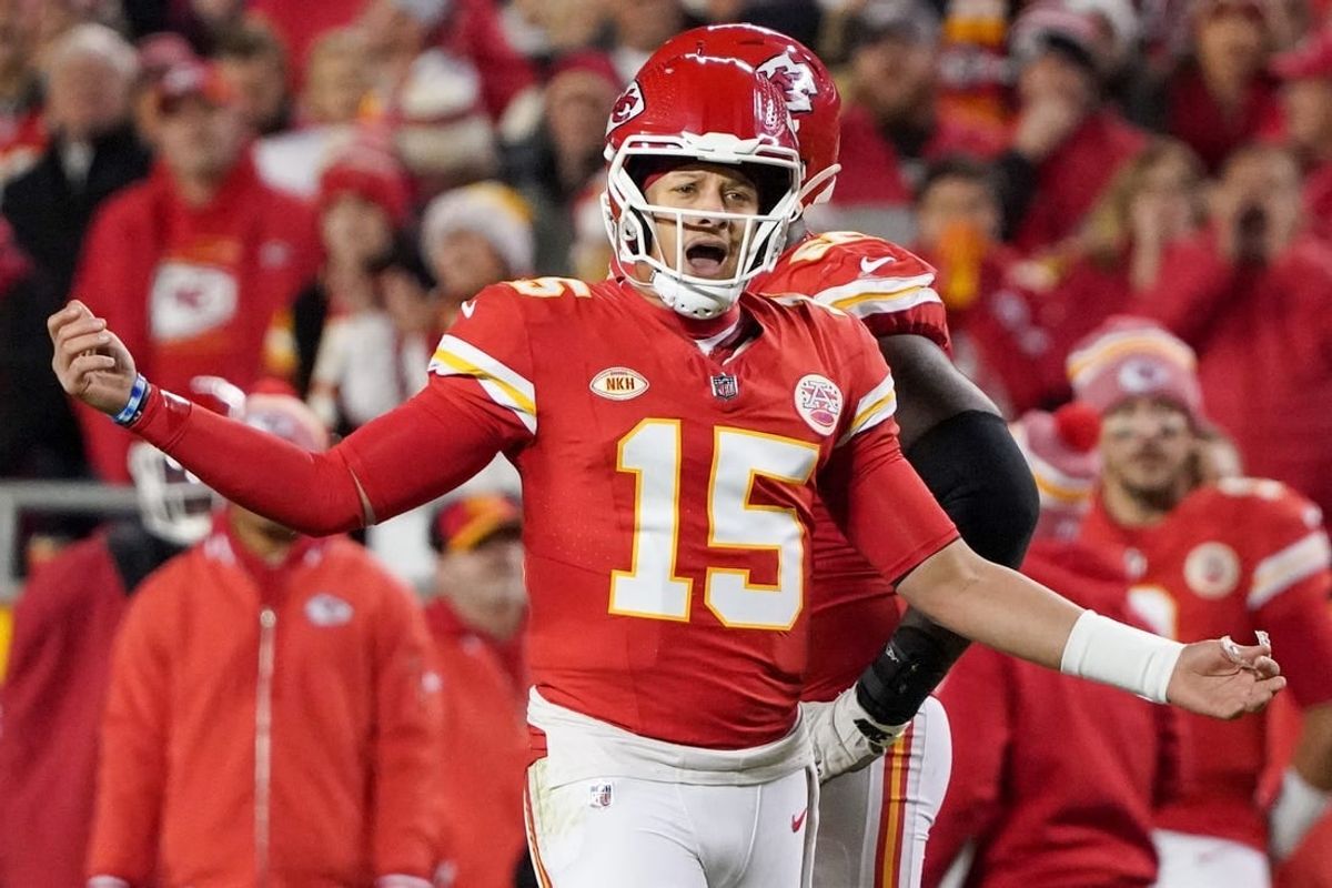 Dec 10, 2023; Kansas City, Missouri, USA; Kansas City Chiefs quarterback Patrick Mahomes (15) gestures to an official after a play against the Buffalo Bills during the second half at GEHA Field at Arrowhead Stadium.