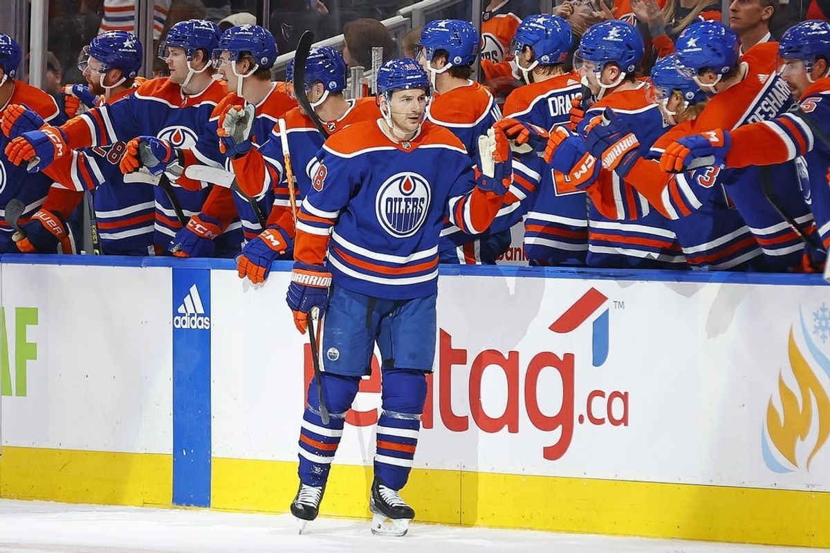Nov 26, 2023; Edmonton, Alberta, CAN; The Edmonton Oilers celebrate a goal scored by forward Zach Hyman (18) during the second period against the Anaheim Ducks at Rogers Place.