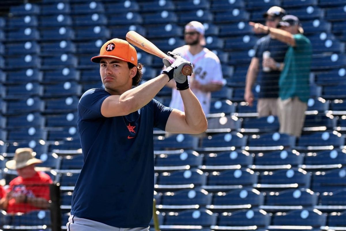 Houston Astros centerfielder Joey Loperfido (83) prepares for batting practice before the spring training game against the Philadelphia Phillies at BayCare Ballpark.