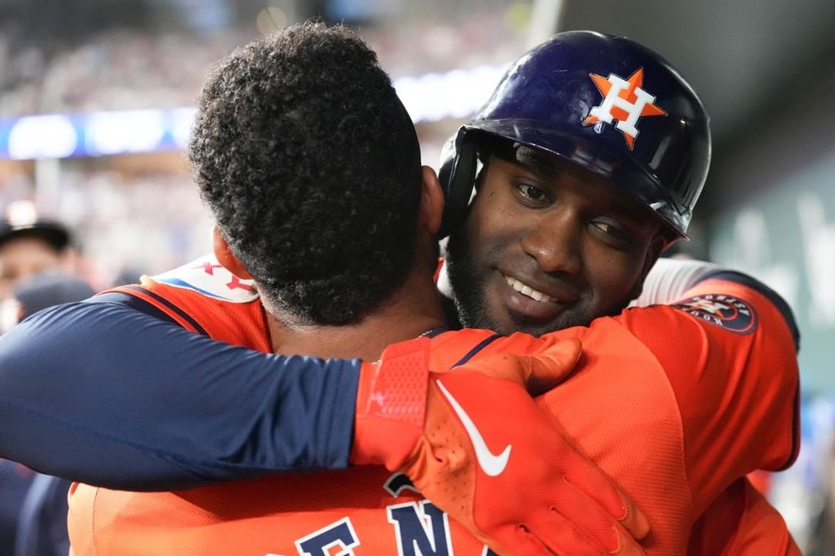 Apr 8, 2024; Arlington, Texas, USA; Houston Astros left fielder Yordan Alvarez (44) celebrates his two-run home run with teammates against the Texas Rangers  during the second inning at Globe Life Field.