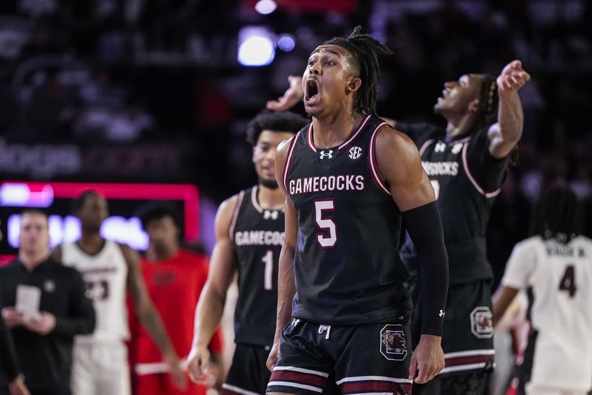 Feb 3, 2024; Athens, Georgia, USA; South Carolina Gamecocks guard Meechie Johnson (5) reacts after defeating the Georgia Bulldogs at Stegeman Coliseum.