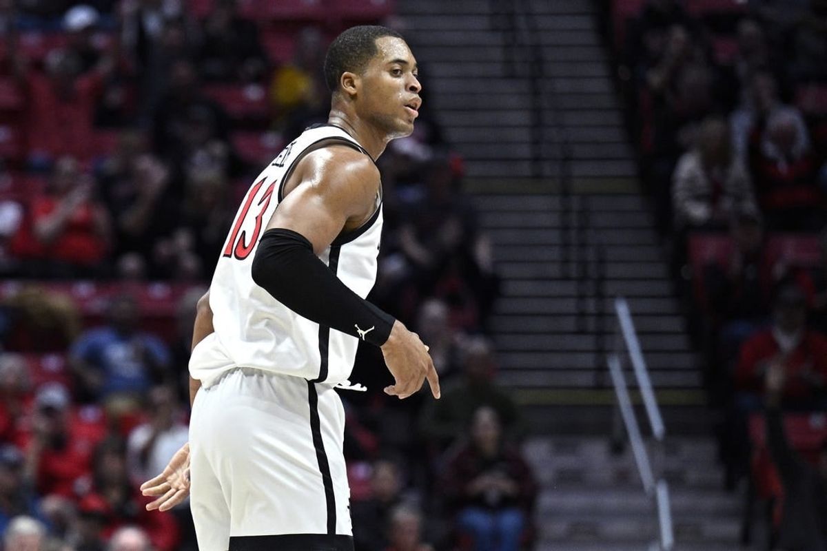 Dec 19, 2023; San Diego, California, USA; San Diego State Aztecs forward Jaedon LeDee (13) reacts after a three-point basket against the Saint Katherine Firebirds during the first half at Viejas Arena.
