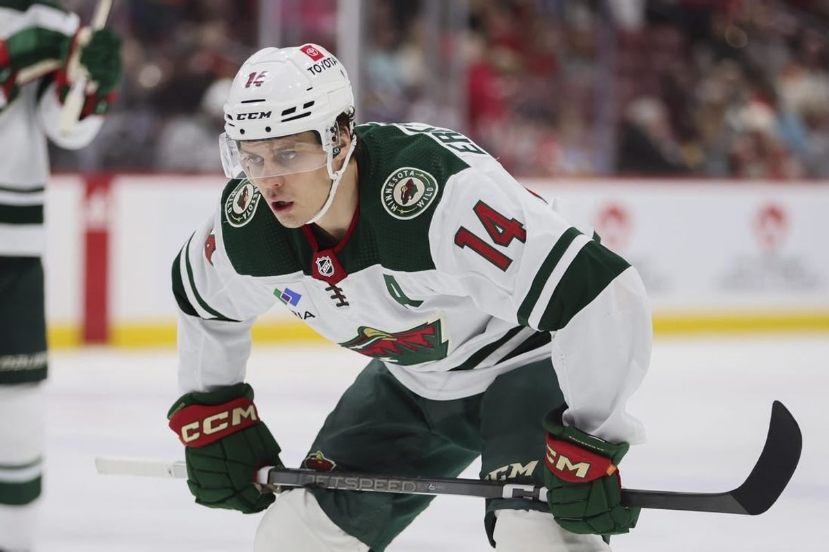 Jan 19, 2024; Sunrise, Florida, USA; Minnesota Wild center Joel Eriksson Ek (14) looks on against the Florida Panthers during the first period at Amerant Bank Arena.