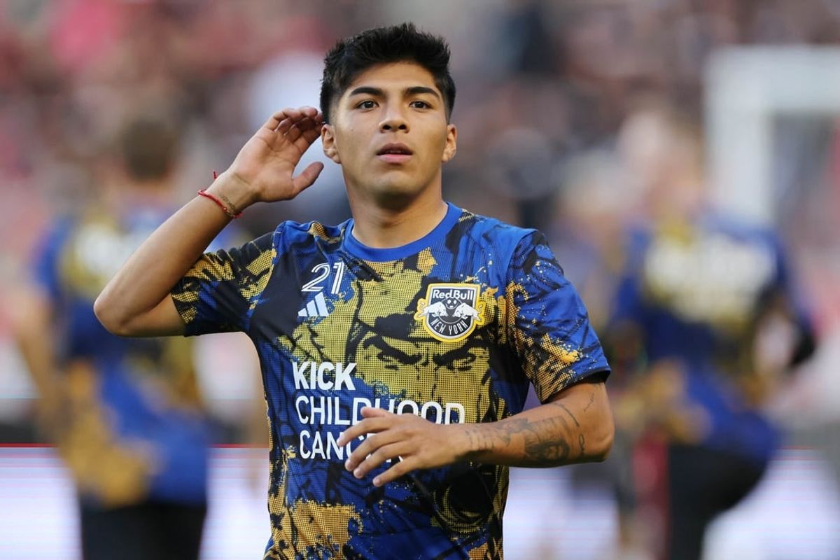 Aug 26, 2023; Harrison, New Jersey, USA; New York Red Bulls midfielder Omir Fernandez (21) warms up before the game against Inter Miami CF at Red Bull Arena.