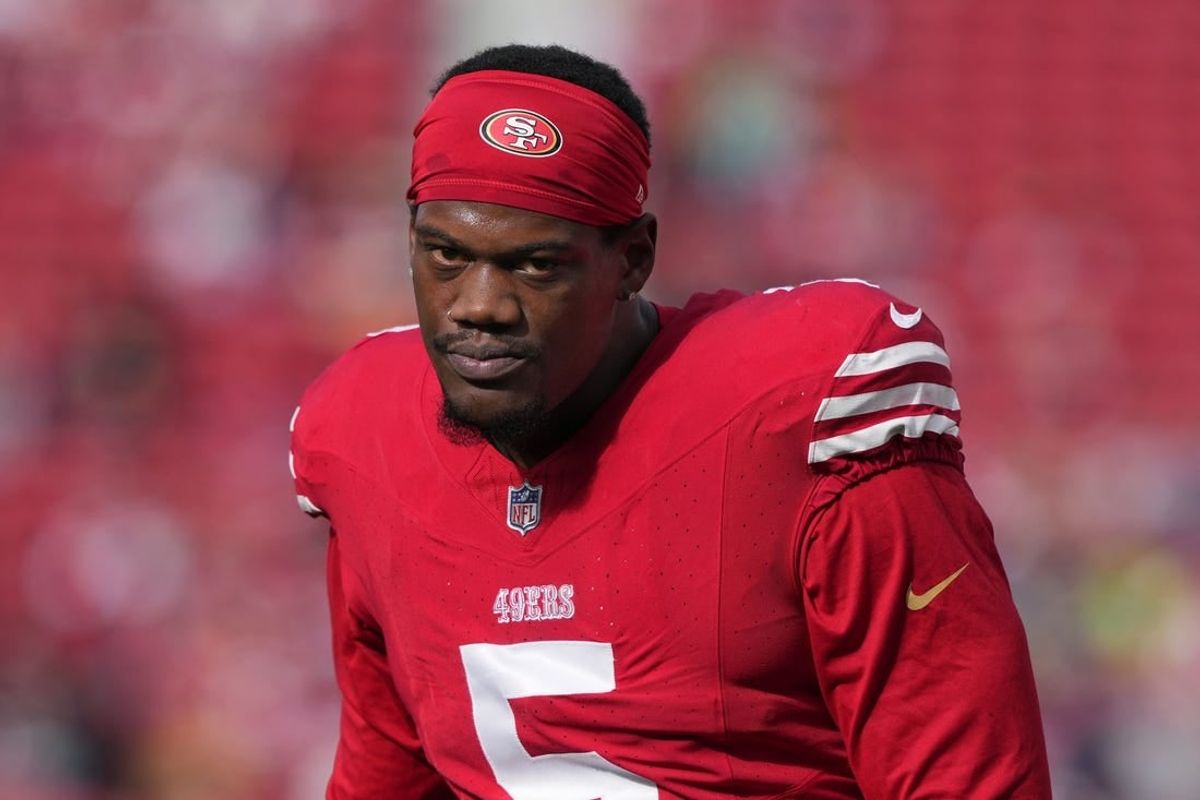 Dec 10, 2023; Santa Clara, California, USA; San Francisco 49ers linebacker Randy Gregory (5) before the game against the Seattle Seahawks at Levi's Stadium.
