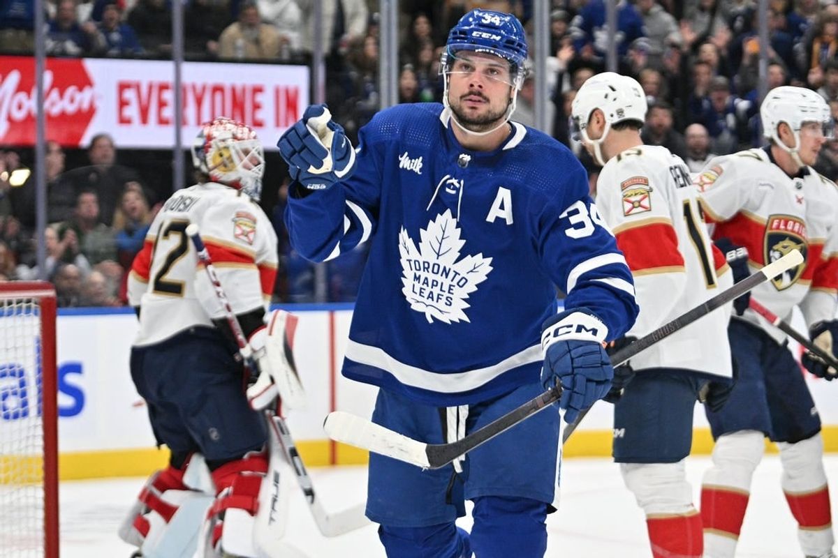 Apr 1, 2024; Toronto, Ontario, CAN; Toronto Maple Leafs forward Auston Matthews (34) celebrates after scoring a goal against the Florida Panthers in the first period at Scotiabank Arena.