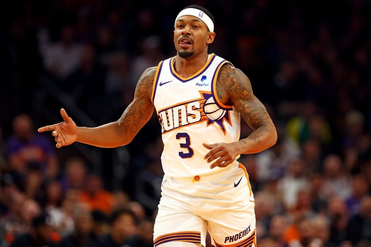 Dec 13, 2023; Phoenix, Arizona, USA; Phoenix Suns guard Bradley Beal (3) reacts after a play during the first quarter of the game against the Brooklyn Nets at Footprint Center.