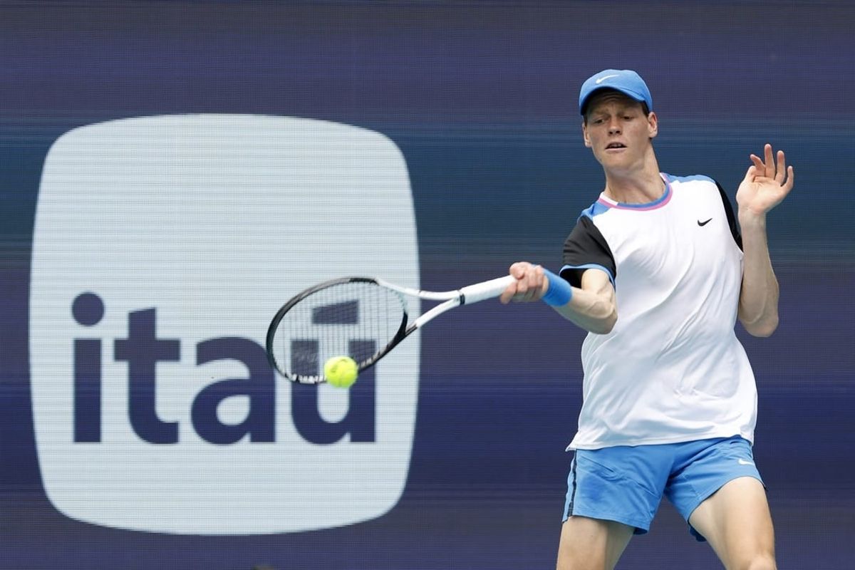 Mar 24, 2024; Miami Gardens, FL, USA; Jannik Sinner (ITA) hits a forehand against Tallon Griekspoor (NED)(not pictured) on day seven of the Miami Open at Hard Rock Stadium.