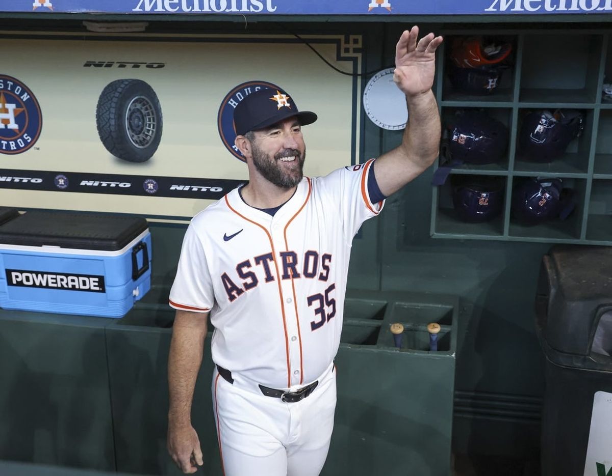 Mar 28, 2024; Houston, Texas, USA; Houston Astros starting pitcher Justin Verlander (35) waves before the game against the New York Yankees at Minute Maid Park.