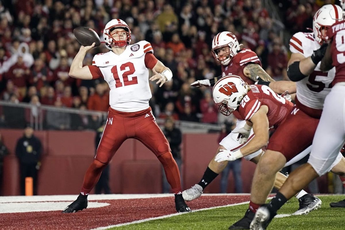 Nov 18, 2023; Madison, Wisconsin, USA;  Nebraska Cornhuskers quarterback Chubba Purdy (12) throws a pass during the first quarter against the Wisconsin Badgers at Camp Randall Stadium.