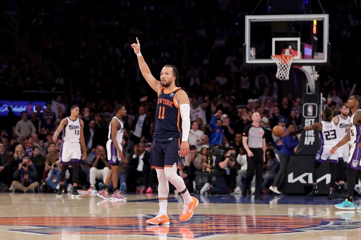 Apr 4, 2024; New York, New York, USA; New York Knicks guard Jalen Brunson (11) reacts during the fourth quarter against the Sacramento Kings at Madison Square Garden.