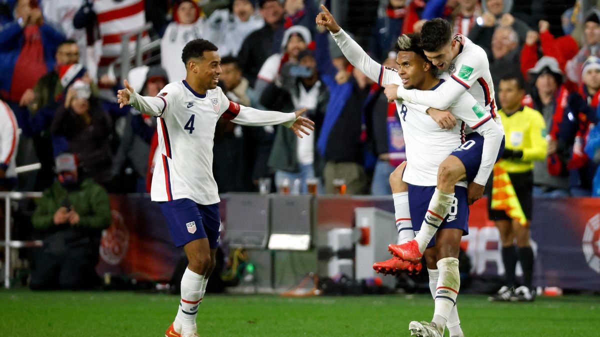 Tyler Adams celebrates a Weston McKennie goal last month as Christian Pulisic leaps on McKennie’s shoulders like a happy toddler. Wholesome and fun all around.