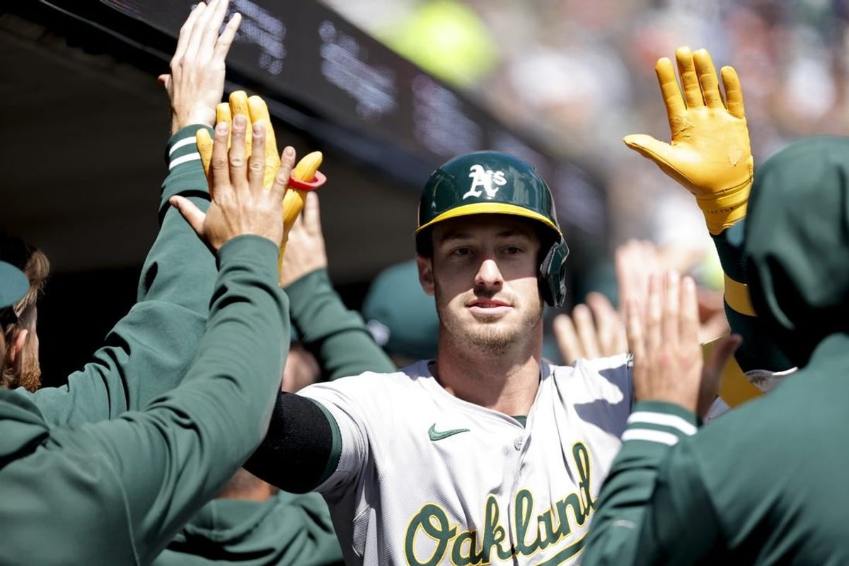 Apr 6, 2024; Detroit, Michigan, USA;  Oakland Athletics left fielder Brent Rooker (25) celebrates with teammates after hitting a two run home run against the Detroit Tigers in the first inning at Comerica Park.