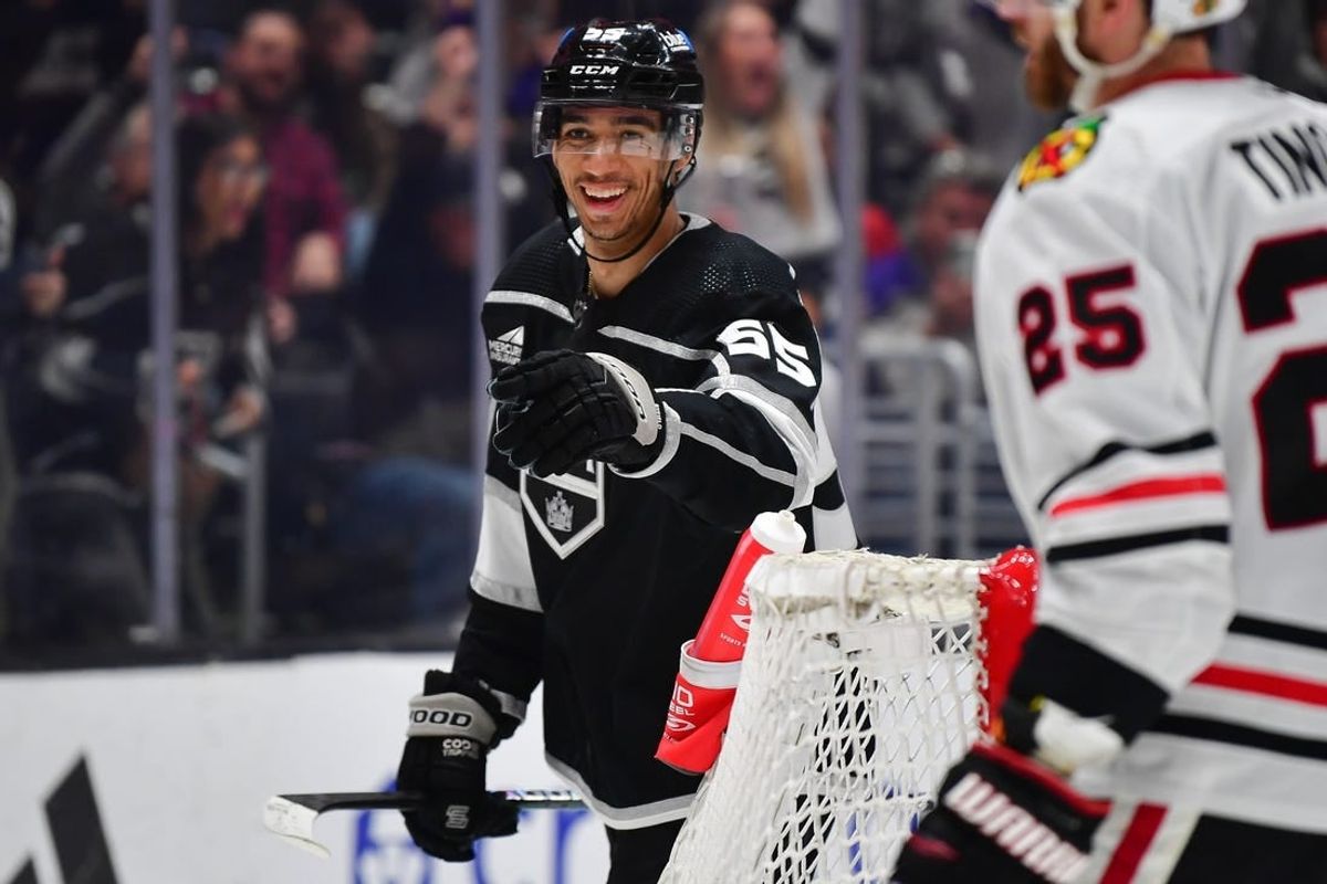 Apr 18, 2024; Los Angeles, California, USA; Los Angeles Kings right wing Quinton Byfield (55) celebrates his power play goal scored against the Chicago Blackhawks during the second period at Crypto.com Arena.