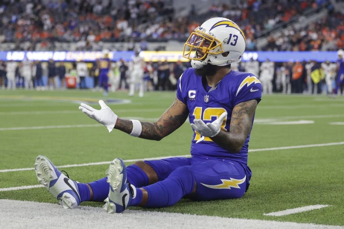 Dec 10, 2023; Inglewood, California, USA; Los Angeles Chargers wide receiver Keenan Allen (13) singles to the referees during the second half in a game against the Denver Broncos at SoFi Stadium.