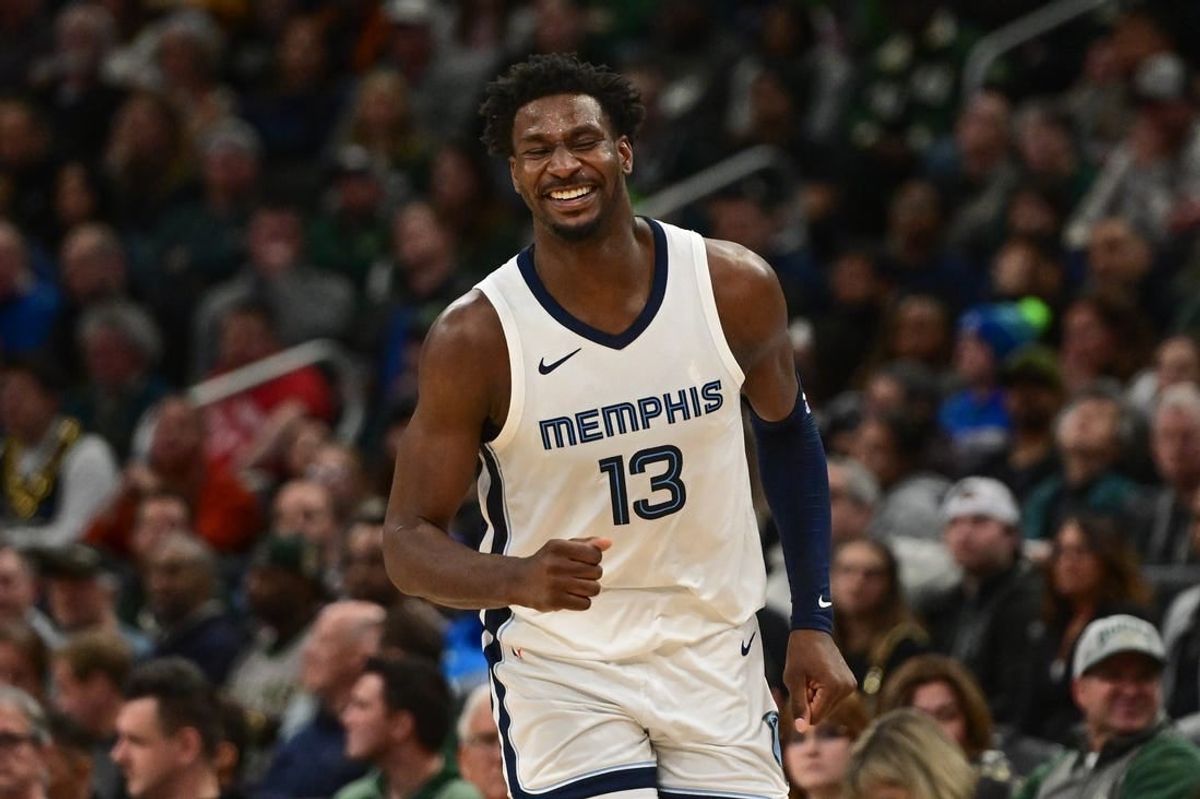Apr 3, 2024; Milwaukee, Wisconsin, USA; Memphis Grizzlies forward Jaren Jackson Jr. (13) reacts in the third quarter against the Milwaukee Bucks at Fiserv Forum.