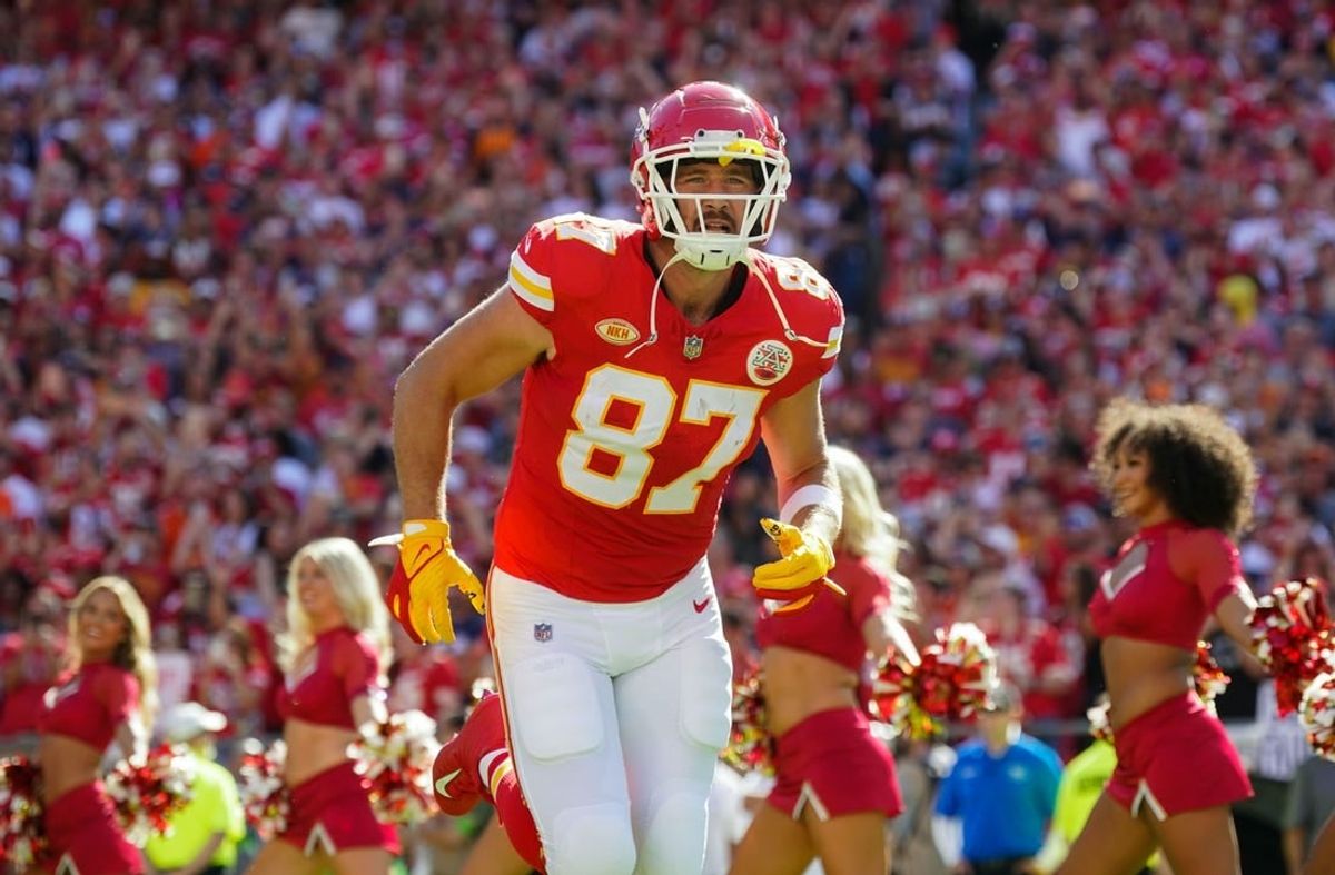Sep 24, 2023; Kansas City, Missouri, USA; Kansas City Chiefs tight end Travis Kelce (87) takes the field prior to a game against the Chicago Bears at GEHA Field at Arrowhead Stadium.